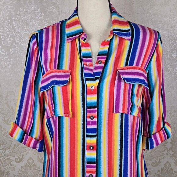 C Size Small Midi Length Multi Color Striped Dress Pockets Belt Button Front - Picture 2 of 13